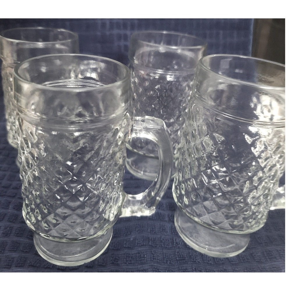 Set of 4 Vintage Anchor Hocking Quilted Clear Glass Mugs Diamond Point Pattern